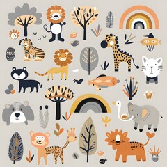 clipart style set of cute safari animals