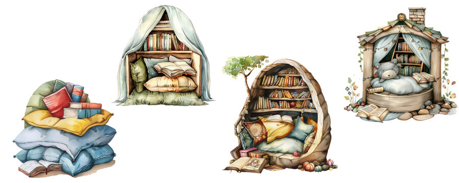 set  of Clipart cozy reading nook with a pile of childrens books watercolor comfort and adventure,transparent background