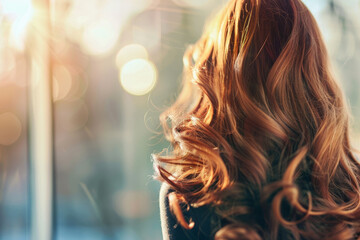 A woman with long brown hair, styled in soft waves and curls. - obrazy, fototapety, plakaty