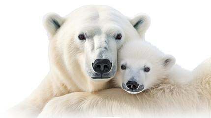 A polar bear and her cub snuggle closely together in a heartwarming scene of maternal care and connection