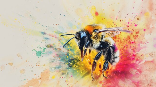 Vivid watercolor splashes ignite the canvas, highlighting a bee as it floats amidst a vibrant burst of colors, reminiscent of a pollen-laden breeze.