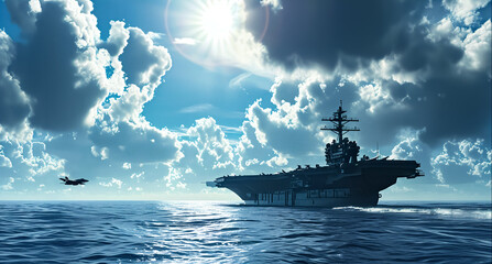 Aircraft carrier crossing the ocean. Military navy ship carrier with fighter jet aircraft.