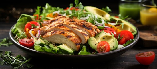 An appetizing salad featuring grilled chicken, fresh tomatoes, ripe avocado slices, and crisp lettuce leaves