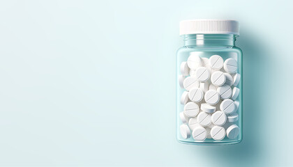 Minimalistic medical pill bottle. Clear medicine bottle with white tablets inside, isolated on light-blue background.