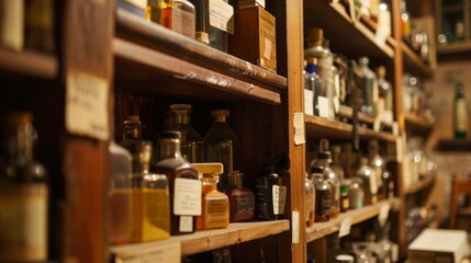 A warm, softly lit view of old wooden apothecary shelves filled with labeled glass bottles, evoking a historical and natural healing ambiance. - obrazy, fototapety, plakaty