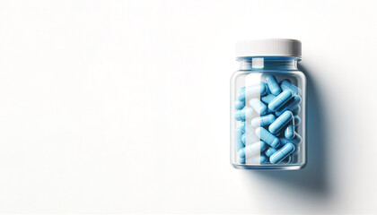 Clear medicine bottle filled blue capsules isolated on white background. Pharmaceutical clean concept.