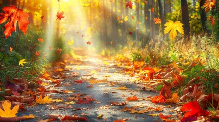 A serene forest path covered in autumn leaves, with sunlight filtering through the trees, creating a warm and inviting scene.