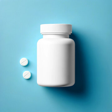 Minimalist medicine bottle pharmaceutical concept. White pill bottle mockup, isolated on blue background, top view.