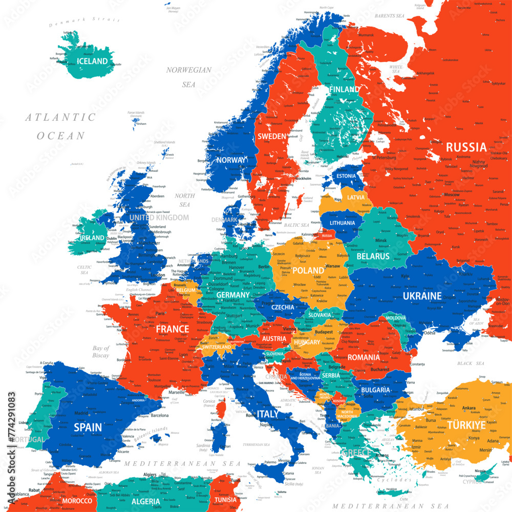 Wall mural europe - highly detailed colored vector map of the europe. ideally for the print posters