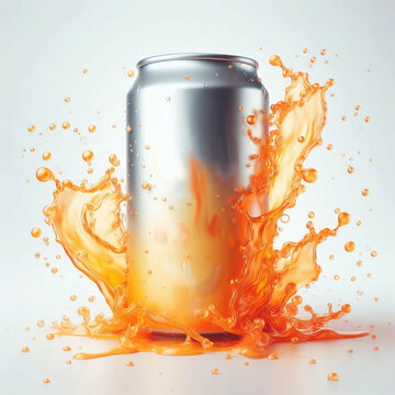 Mockup soft drink with silver can and orange splash isolated on white background, ready for object and retouch design. Generative AI.