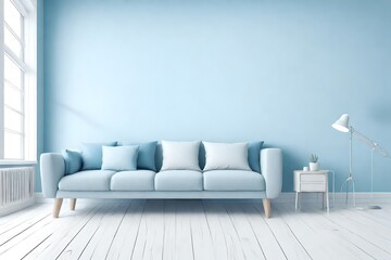 Plain monochrome pastel blue furnished room with light background. Copy space for web pages, presentations, or picture frames. .