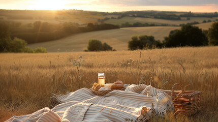 Picnic blanket foreground, wheat field background