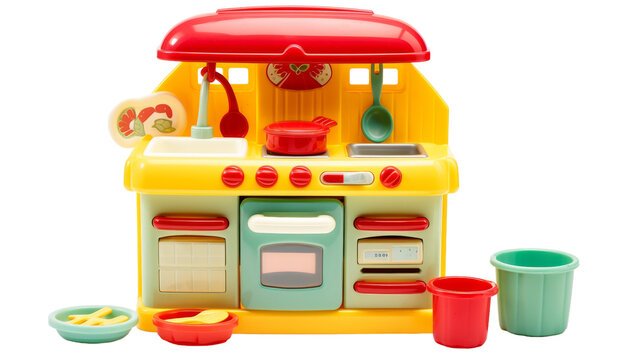 A whimsical toy kitchen featuring a vibrant red roof and playful oven