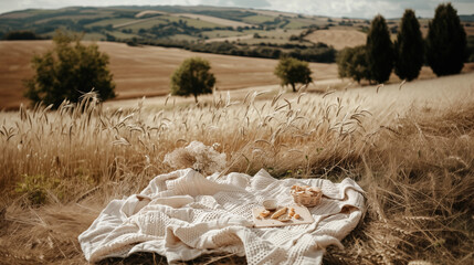 A picnic blanket in the foreground against the backdrop of a wheat field with a beautiful landscape