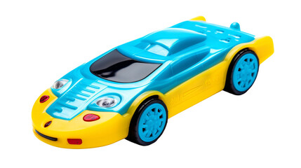 A vibrant blue and yellow toy car sits on a clean white background