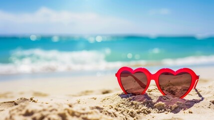 heart shaped sunglasses on a summer beach in the sand. 