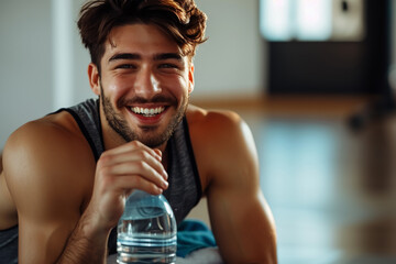 Obraz premium Tired but happy. Young man smiling at camera, holding water bottle and wiping sweat with towel while resting after training workout at home