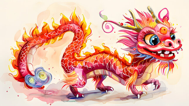 A Cute and Whimsical Chinese Dragon Illustration: A Delightful Depiction of a Playful, Cartoonish Dragon Bringing Joy and Enchantment