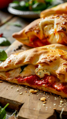 Calzone halves with cheese and spices on a cutting board in a trattoria, close-up of delicious Italian traditional pastries, food delivery advertisement