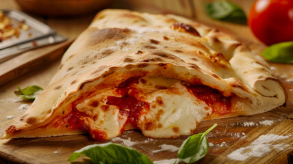 Delicious calzone with melted mozzarella cheese and spicy filling, baked until golden crisp on table in an Italian trattoria, menu or advertisement for the delivery of fresh pastries from a pizzeria