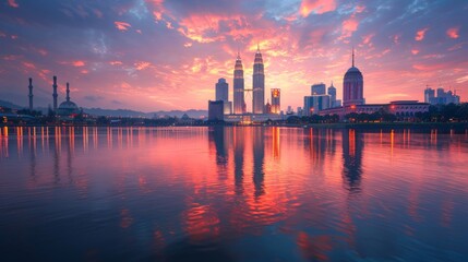 Obraz premium City Skylines: Photograph iconic city skylines during sunrise or sunset for dramatic effect