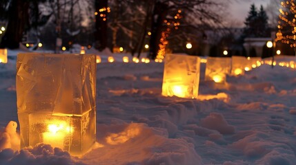 ice lanterns in the snow at Christmas time on countryside. 