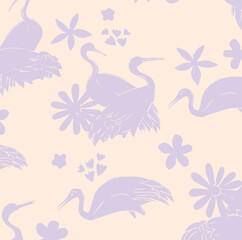 Seamless pattern with flowers and leaves and cute bunnies. Vector file for designs.