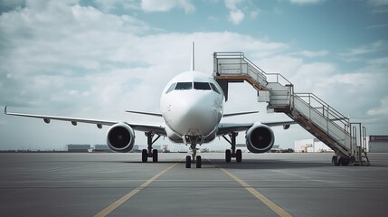 Aircraft parked on the tarmac with boarding stairs positioned for passenger embarkation, facilitating the process of passengers boarding the aircraft.
