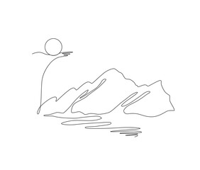 Mountain landscape, sun and sea one continuous line drawing Vector travel minimalist concept. Linear art scene, nature, outline design, black contour, adventure design for posters, logo illustration. - 774292864