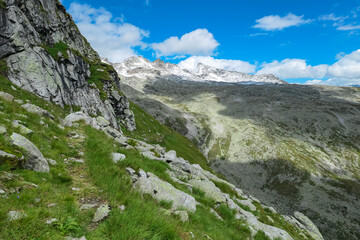 Fototapeta na wymiar Alpine meadow with panoramic view of majestic snow covered mountain peak Ankogel and Hochalmspitze seen in High Tauern National Park, Carinthia, Austria. Idyllic hiking trail in summer Austrian Alps