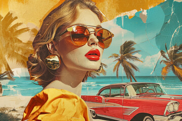 60s retro style fashionable woman wearing trendy sunglasses and golden accessories. Travel summer collage with retro car and palm trees - 774293484