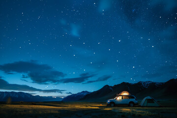 Fototapeta na wymiar A car parked beside a cozy tent under a starlit sky, encapsulating the spirit of outdoor adventure and travel.