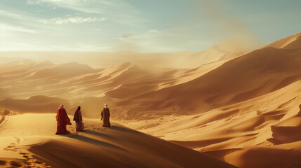 Three men are walking across a desert