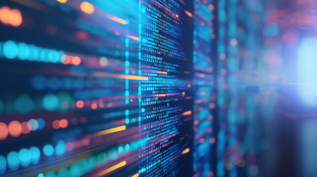 Cyber Security Concept: Blue Digital Matrix and Code on a Reflective Circuit Surface