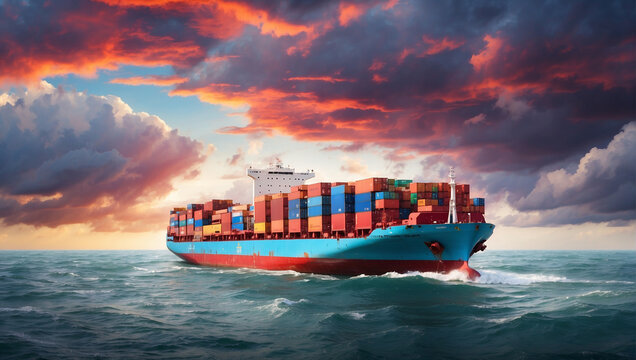 A cargo ship laden with colorful containers