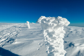 Frozen fence forming sculptures on snow covered alpine meadow with scenic view of landscape of Kor...