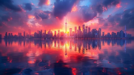 City Skylines: Photograph iconic city skylines during sunrise or sunset for dramatic effect - obrazy, fototapety, plakaty