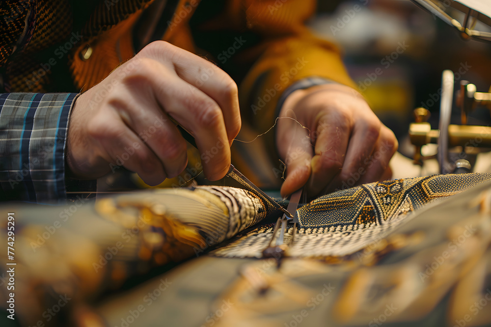 Poster first person view with detailed focus on his sleeve while tailor sewing the embroidery at buttonhole, visibly fine fabric textures,