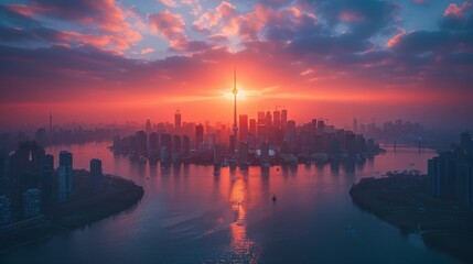 Naklejka premium City Skylines: Photograph iconic city skylines during sunrise or sunset for dramatic effect