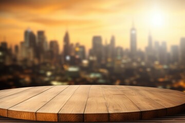 The empty wooden table top with blur background of cityscape. Exuberant image. generative AI