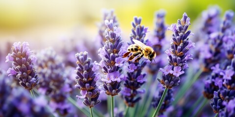Lavender honey background with honeycomb, bee and lavender flowers. Copy space - obrazy, fototapety, plakaty