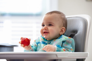 Caucasian Baby Boy eating Strawberry at home. Bright Background