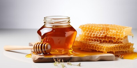 Honey background, banner with jar, dipper and honeycombs on white