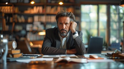 Exhausted businessman seated at desk, gazing upward, holding head, amidst modern office overlooking park. - obrazy, fototapety, plakaty