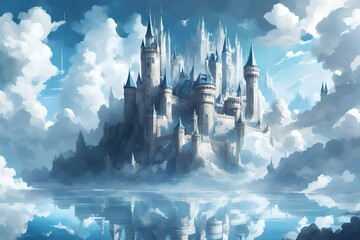 a fantasy castle floating in the clouds above it, in the style of mirrored realms, chaotic academia, captivating skylines, dark white and light blue.