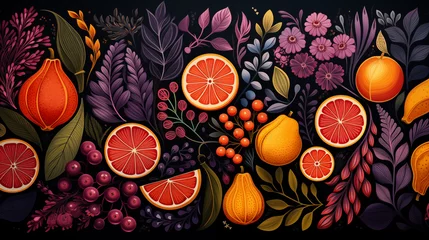 Foto op Plexiglas Rich tapestry of citrus flora 2D cartoon illustration. Slices of oranges, lemons, berries flat image colorful backdrop horizontal. Lush leaves, whimsical flowers wallpaper background art © AImg