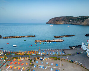 Aerial view of sunrise at Borgo Sant'Angelo in Ischia in the municipality of Serrana Fontana.A fishing village in an island in Naples