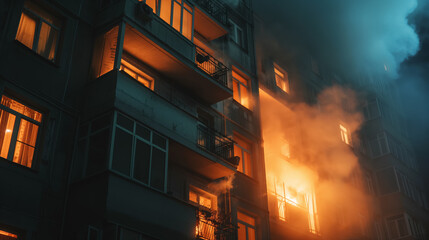 Intense flames engulf a building at night, with glowing windows and billowing smoke indicating a serious fire.