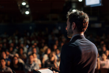 Fototapeta premium A man stands at a podium in front of a large audience