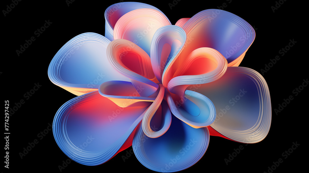 Poster abstract floral design with petal-like elements 3d rendering image. modern artwork on black backgrou